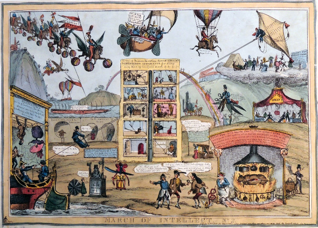 Ein Zirkusszenenplakat mit dem Titel "March of Intellect" mit Heißluftballons, Fallschirmen, Pferden, Zelten und Menschen.