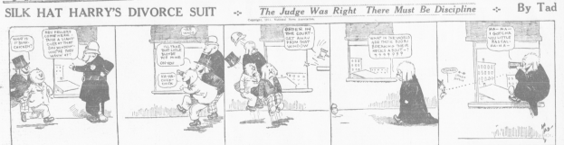 Cartoon-Illustration eines Mannes in einem schwarzen Anzug und einer Frau in einem eleganten Kleid mit ernsten Gesichtern, beschriftet mit "Scheidungskost"