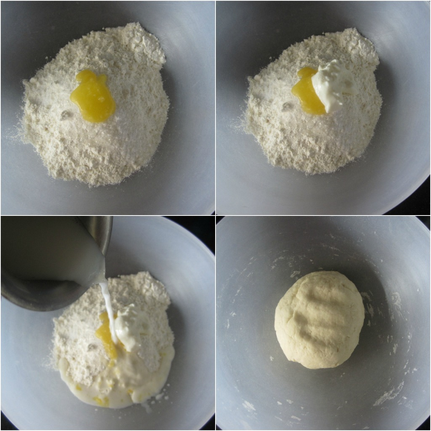 Eine Sammlung von College-Fotos mit Lebensmittelartikeln wie Mehl, Flüssigkeit und Teig.