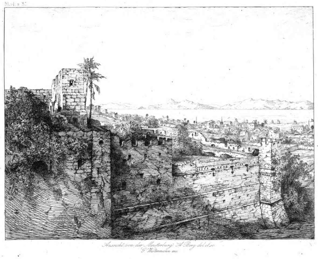 Schwarz-weiß-Illustration einer Stadt mit einem Schloss im Hintergrund, umgeben von Bäumen, Gebäuden, Hügeln und einem klaren Himmel, mit dem Text "Auschwitz-Birkenau, Polen" unten.