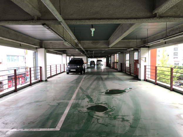 Parkhaus mit Autos, Geländern, Säulen, Lämpchen, Röhren und Bäumen vor einer Stadtkulisse mit Gebäuden mit Fenstern.