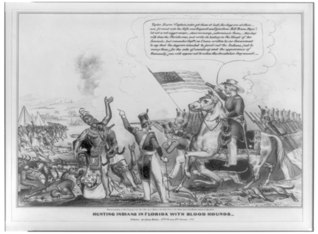 Ein Schwarzweißbild einer Gruppe von Menschen, einige auf Pferden, mit einer Fahne im Hintergrund und Text unten mit der Aufschrift "Indians in Florida jagen mit Bluthunden".