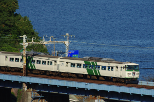 Ein Zug √ľberquert eine Br√ľcke mit Stromm√§sten und -dr√§hten daneben, links sind B√§ume und im Hintergrund ein Gew√§sser zu sehen.