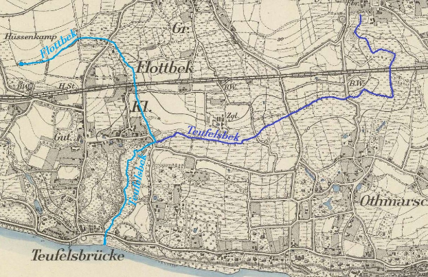 Detailiertes altes Stadtplan von Teufelsbrücke mit blauer Linie