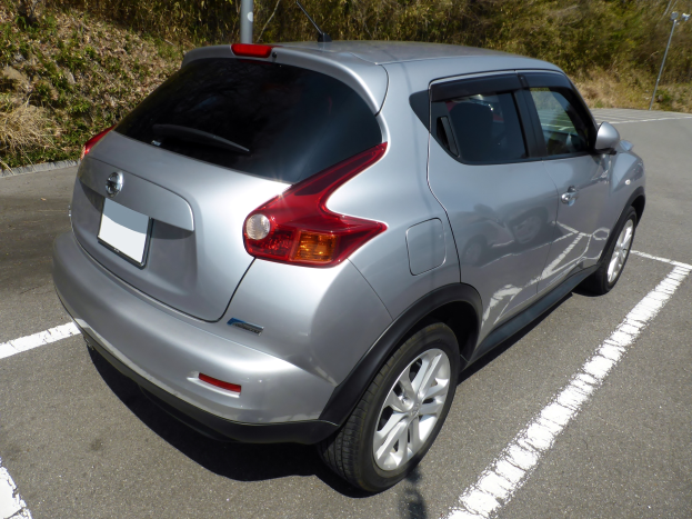 Ein silberner Nissan Juke auf einem Parkplatz mit Bäumen und Pfählen im Hintergrund.