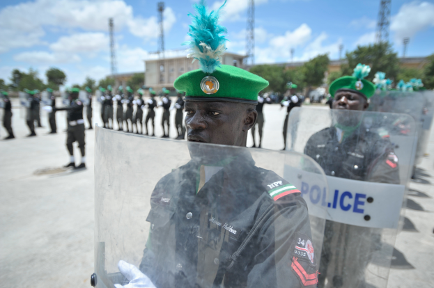 Nigerianische Polizeibeamte stehen vor einer Reihe von Uniformierten mit Schilden, mit Bäumen, Türmen, Gebäuden und einem bewölkten Himmel im Hintergrund.