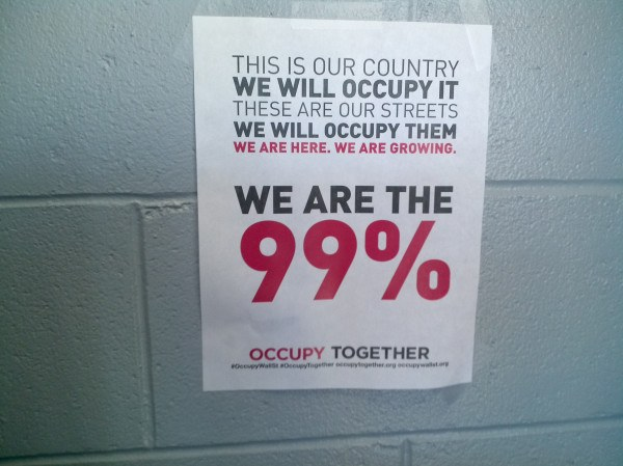 Plakat an einer Wand mit fettem schwarzem Text "Occupy Wall Street" und "Wir sind die 99%".