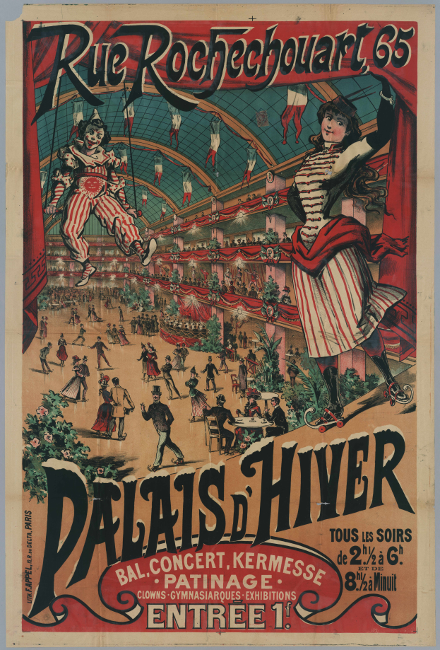 Ein Zirkusposter mit einer Gruppe von Menschen, einige in Kostümen, und Text, der "Rue Rochechouart 65" in Paris, Frankreich, lautet.