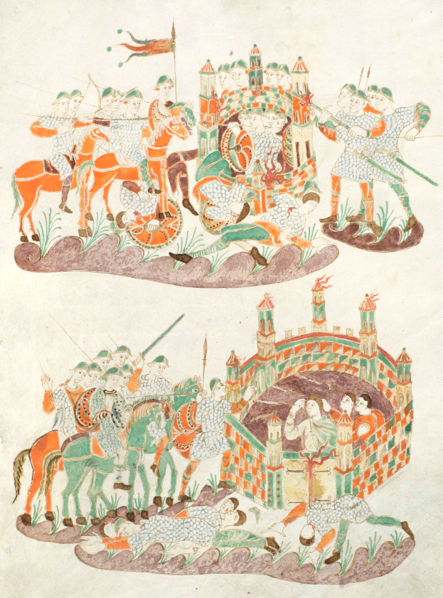 Eine mittelalterliche Handschriftenseite, die eine Kampfszene mit bewaffneten Rittern auf Pferden zeigt, ein Schloss im Hintergrund, umgeben von Grün, unter einem tiefblauen Himmel.