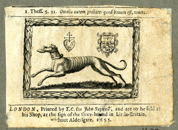 Ein altes Buch mit einer Zeichnung eines Windhunds in Laufposition, mit erhobenem Kopf und gespitzten Ohren, mit dekorativer Schrift auf dem Cover.