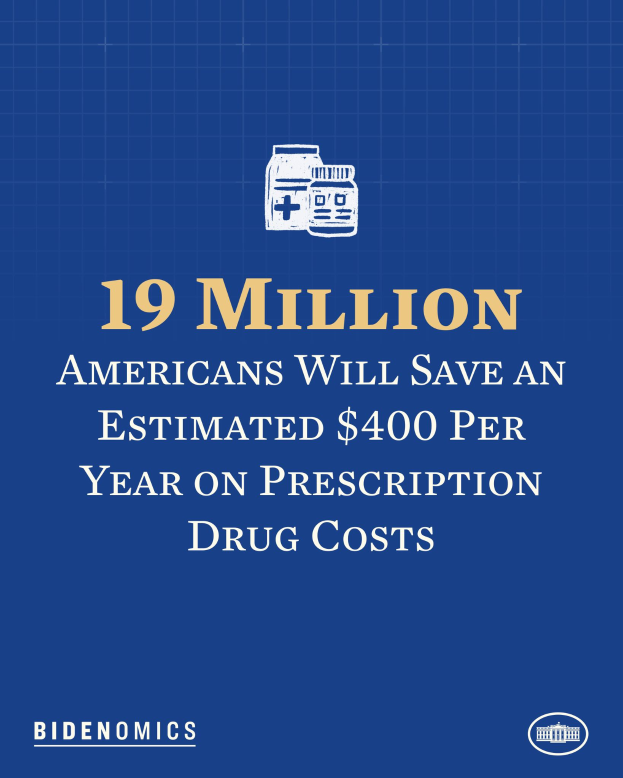 Ein blauer Hintergrund mit weißer Schrift und einem Logo, das '19 Millionen Amerikaner werden geschätzt 400 USD pro Jahr an Arzneikosten sparen' lautet.