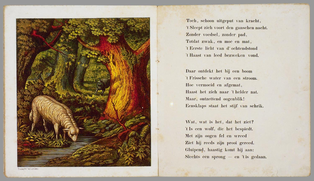 Offenes Buch mit einer Illustration eines Schafs, das in einem waldigen Gebiet grast, neben einem beschrifteten Text "Die Geschichte des Schafs".
