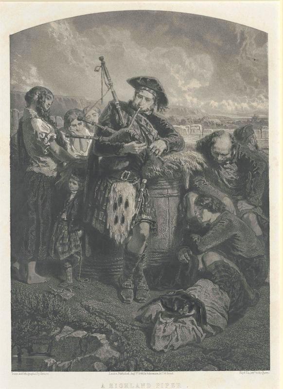 Schwarze und weiße Gravur eines Mannes, der eine Dudelsackpfeife vor einer Gruppe von Menschen unter einem bewölkten Himmel spielt, mit dem Text "Ein Highland-Pfeifer" unten.