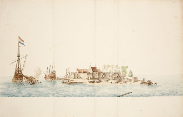 Ein Plakat, das Schiffe, Boote, Häuser, eine Hütte, Pfähle, eine Flagge und Wasser zeigt.