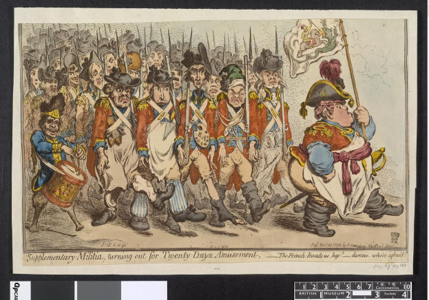 Gruppe von Männern in Militäruniformen marschiert auf einer Straße, einer hält einen Stock in der Hand, mit dem Text 'Ergänzender Militärdienst, Teilnahme an zwanzig Tagen Vergnügen' unten.