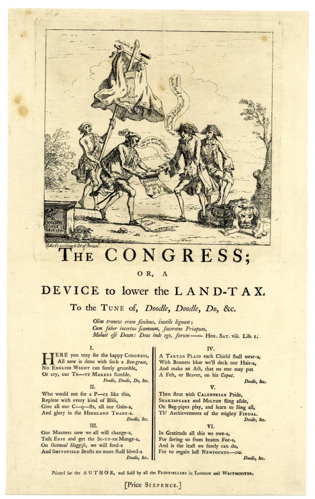 Eine Papierillustration mit dem Titel "Der Kongress oder, Gerät zur Senkung der Grundsteuer" mit einer Gruppe von Menschen in traditioneller Kleidung und dekorativem Text.