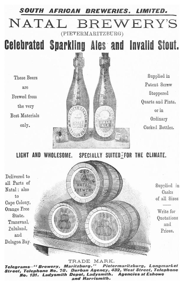 Werbung für das prickelnde Ale und Invalidenstout der Natal Brauerei, zeigt Text und Bilder von Flaschen und Fässern.