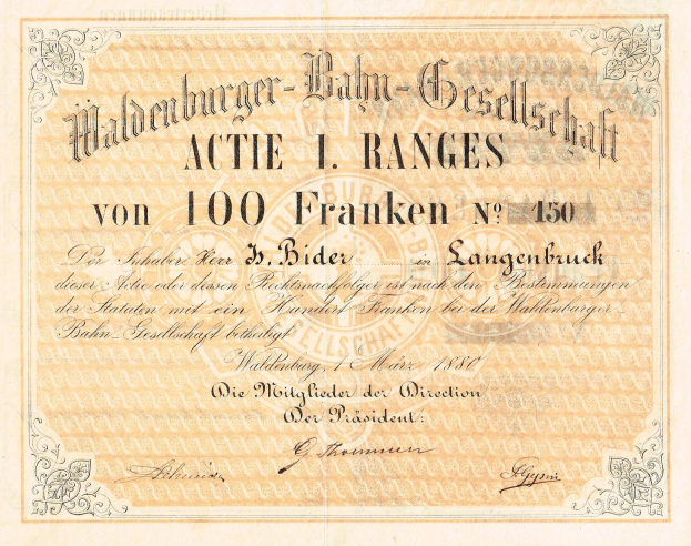 Ein altes deutsches Banknotenbild mit einem Porträt eines Mannes und dem Text "Haldenburger-Balm Gesellschaft Actie 1 Ranges".