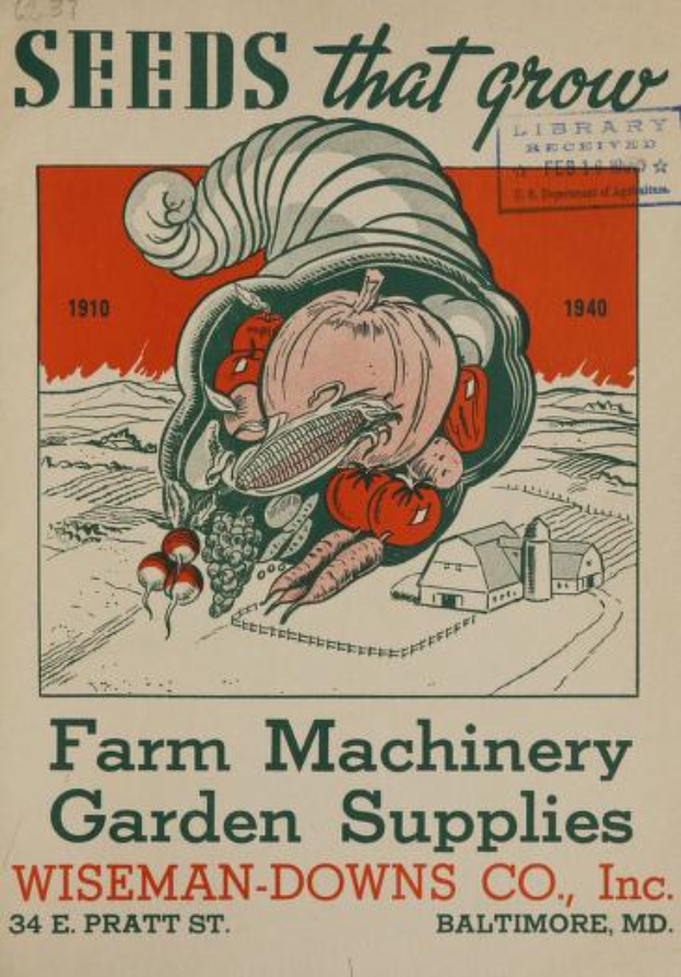 Ein Vintage-Plakat von Wiseman-Downs Co., Inc. (1910-1940), das verschiedene Landmaschinen und Gartenzubehör, einschließlich Samen, mit beschreibendem Text zeigt.