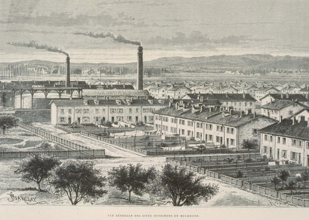 Eine Schwarz-Wei├č-Zeichnung einer futuristischen Stadt mit Geb├Ąuden, B├Ąumen, Gras, Masten, einer ├Überquerung und Rauch, der aus den Schornsteinen aufsteigt, vor Hügeln und einem bew├Âlktem Himmel, mit dem Text "Barclay, die Stadt der Zukunft" unten.