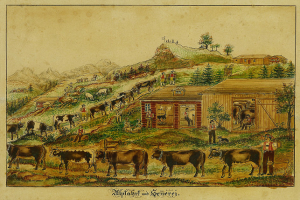 Ein Gemälde zeigt eine Farmszene mit Kühen, die im Vordergrund grasen, umgeben von Häusern, Bäumen, Hügeln und Menschen, mit Text unten.