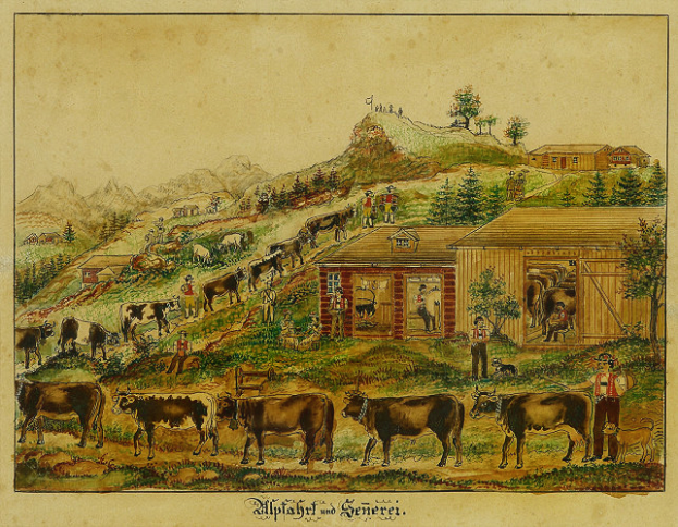 Ein Gemälde zeigt eine Farmszene mit Kühen, die im Vordergrund grasen, umgeben von Häusern, Bäumen, Hügeln und Menschen, mit Text unten.