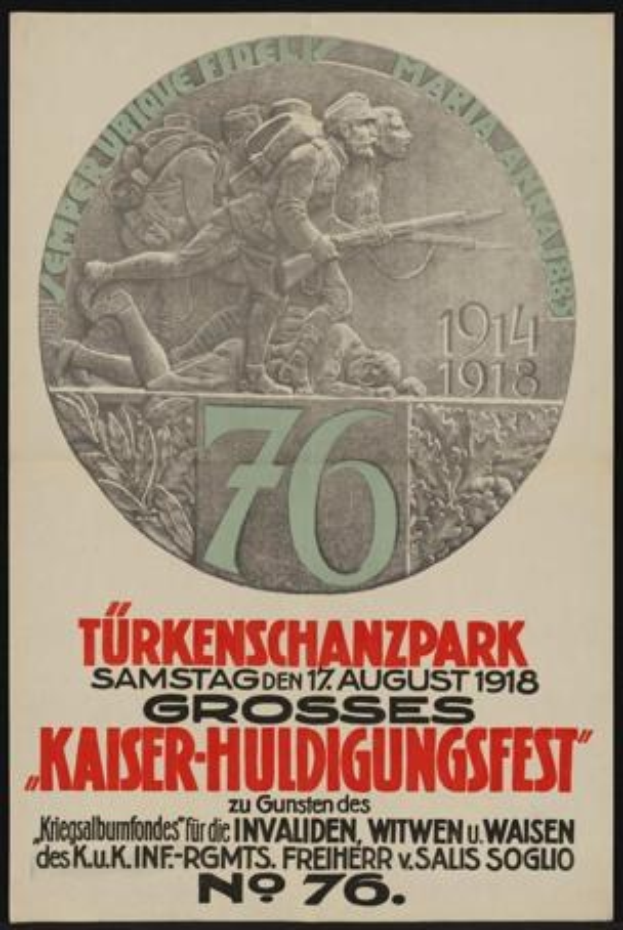 Plakat zum 70-jährigen Jubiläum des Kaiser-Huldigungsfestes in Berlin, Deutschland, das eine Gruppe von Menschen zeigt, die von Text und Zahlen umgeben ist und in einem klassischen Photo-Frame eingerahmt ist.