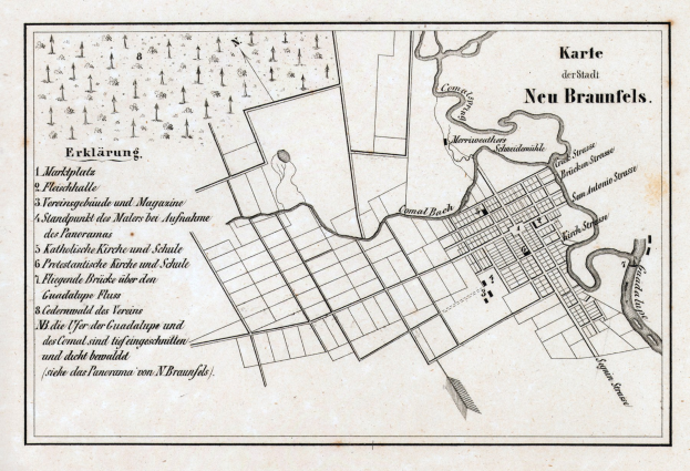 Detailiertes altes Stadtplan von New Braunfels, Deutschland, das Straßen, Gebäude und Sehenswürdigkeiten mit lesbarem Text zeigt.
