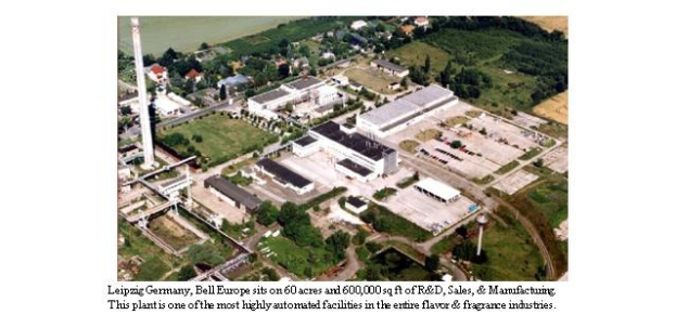 Luftaufnahme eines großen Industriegebiets in Leipzig, Deutschland, mit Gebäuden, Bäumen, Pflanzen, Gras, Straßen, Polen und anderen Gegenständen, beschriftet mit "Bell Europe" unten.