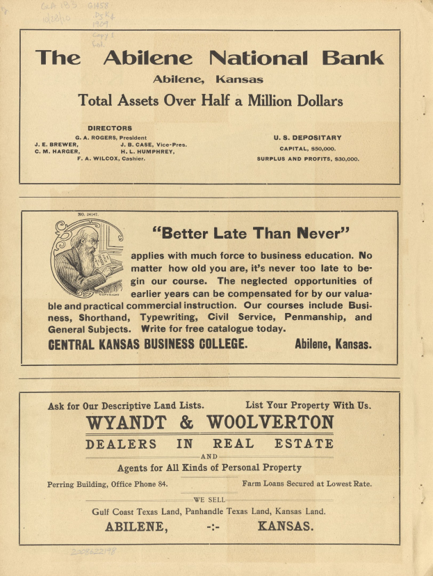 Schwarze-weiße Zeitungsanzeige für die Abilene National Bank mit einem zentralen Porträt und Text, der ihre Dienstleistungen beschreibt.