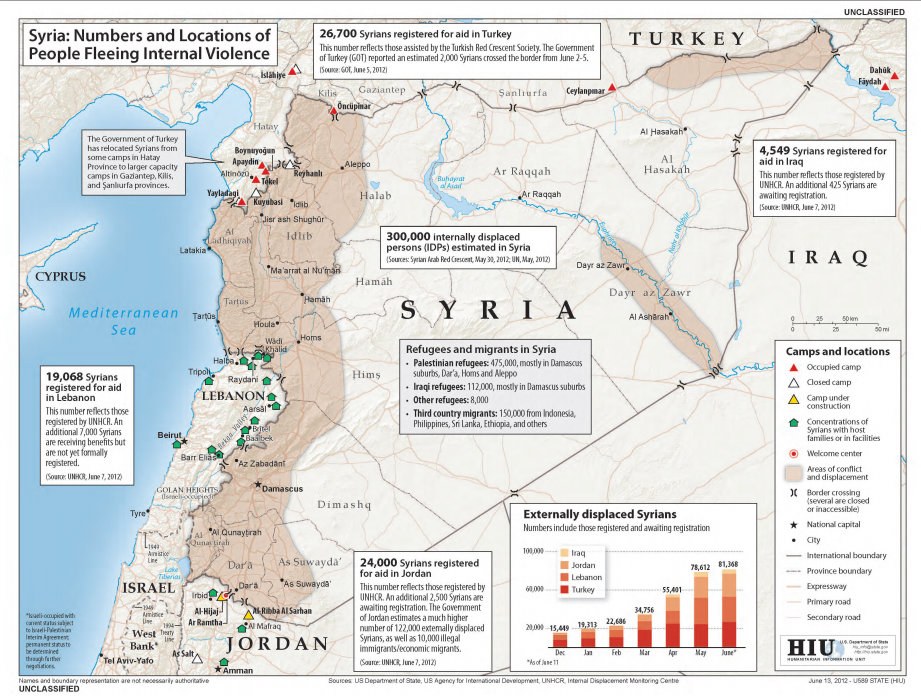 Plakat mit einer Karte von Syrien und Daten zu Binnenflüchtlingen aufgrund von Gewalt, begleitet von erklärendem Text und Grafiken.