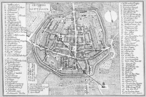 Eine Schwarz-Weiß-Detailkarte von Göttingen, Deutschland, mit Straßen, Gebäuden, Sehenswürdigkeiten und Textbeschriftungen.