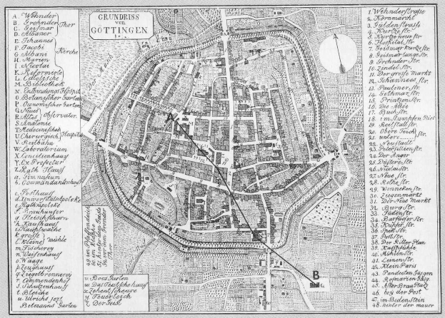 Eine Schwarz-Weiß-Detailkarte von Göttingen, Deutschland, mit Straßen, Gebäuden, Sehenswürdigkeiten und Textbeschriftungen.