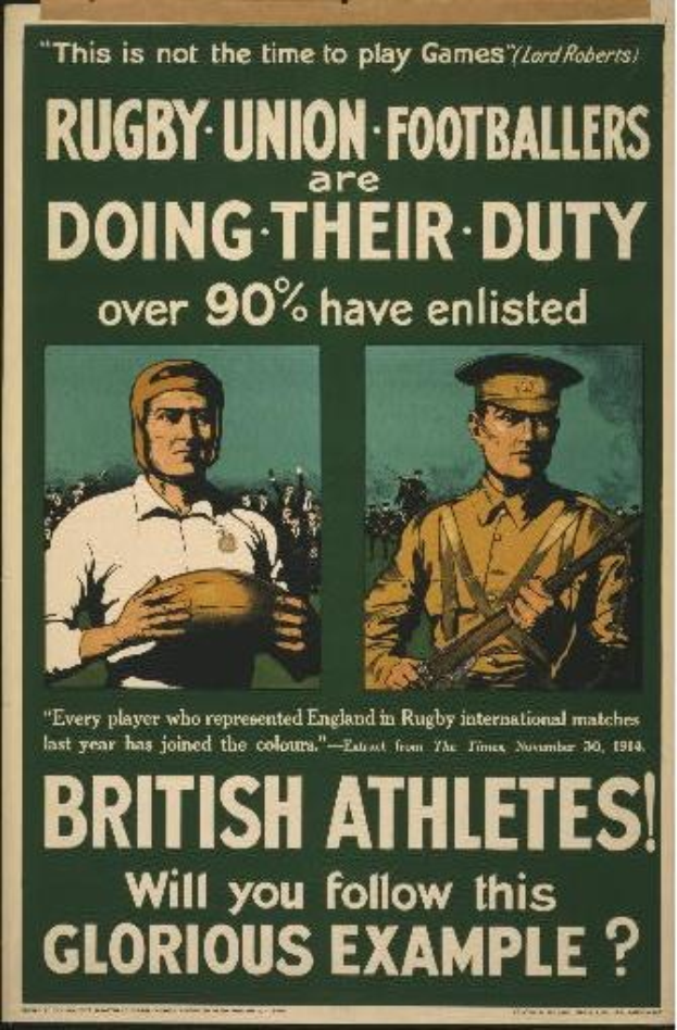 Ein Plakat mit zwei Rugbyspielern in Militäruniform, mit Text, der über 90% der britischen Athleten in den Krieg einberufen hat.