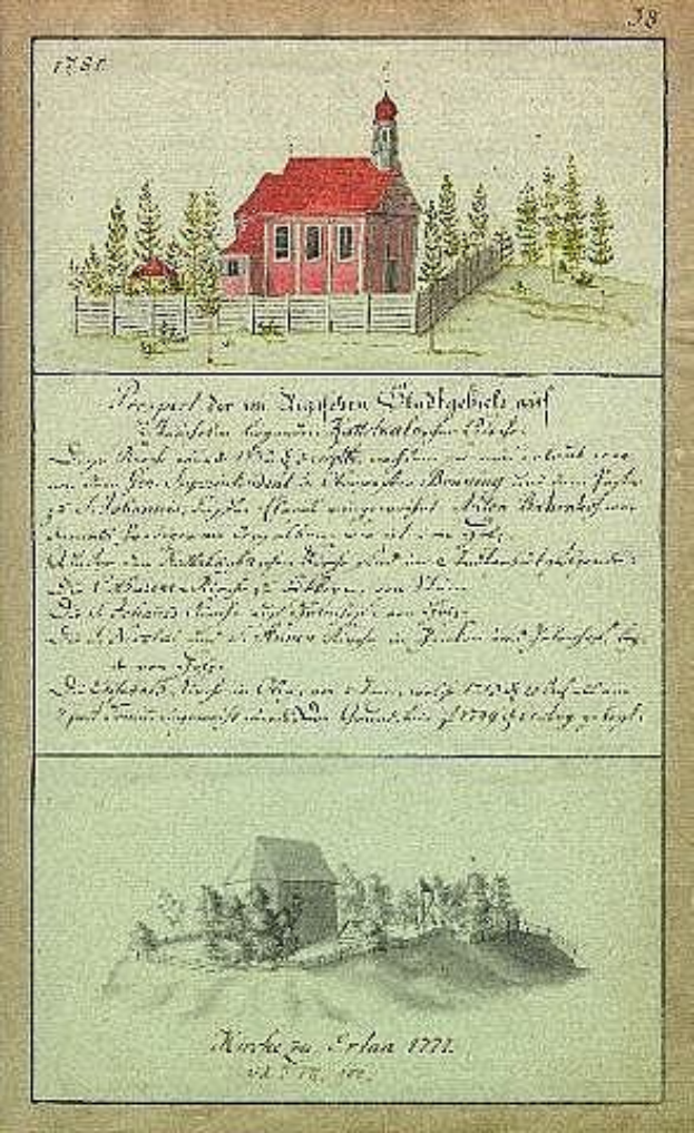 Ein Buchseite mit einer Abbildung eines roten Hauses, umgeben von Bäumen und einem Zaun, mit der Inschrift "Deutsche Schule in den Niederlanden, 1777".