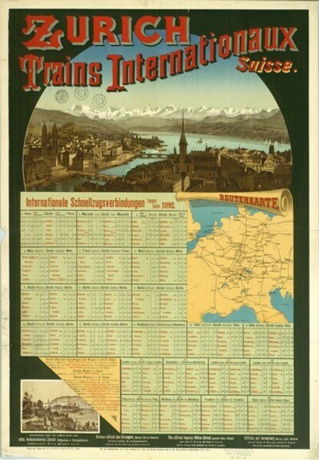 Plakatwerbung für Zürich Trains Internationalaux, mit einer Karte von Zürich, Gebäuden, Wasser und Bergen im Hintergrund und Text.