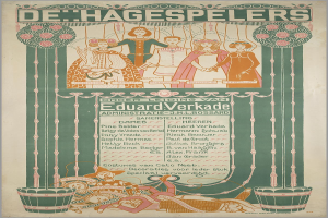 Ein farbenfroher Plakat für die De Hagespelers-Ausstellung in Amsterdam, das eine Illustration von Menschen in einem Kreis zeigt, mit dem Ausstellungstitel in fetter Schrift darüber und einer kurzen Beschreibung und Details zum Ereignis.