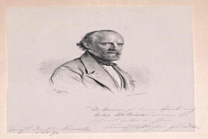 Schwarzes und weißes Drawing eines bärtigen Mannes in einem Anzug, identifiziert als deutscher Philosoph und Nobelpreisträger Friedrich Wilhelm, mit einem ernsten Gesichtsausdruck und deutschem Text unten.