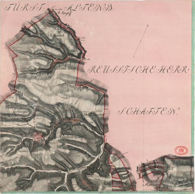 Ein detaillierter alter Stadtplan von Schaffen, Deutschland, der Straßen, Gebäude, Sehenswürdigkeiten und Text mit Informationen zur Bevölkerung, Bevölkerungsdichte und Lage zeigt.