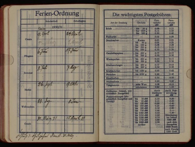 Offenes Buch mit schwarzem Hintergrund, das Text und Zahlen anzeigt, als deutscher postalischer Rekord von 1930 identifiziert.