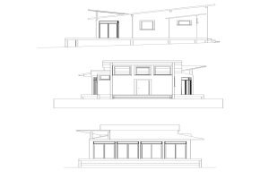 Eine Zeichnung von drei Häusern.