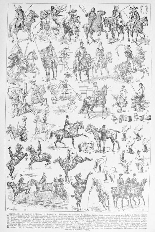 Eine Illustration von Menschen auf Pferden mit Waffen in den H√§nden und Text darunter.