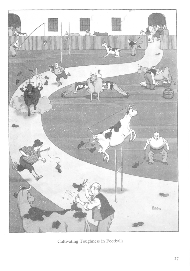 Schwarze und weiße Zeichnung von Menschen und Tieren auf einem Feld mit einer Wand und Fenstern im Hintergrund, mit Text unten, der "Zähigkeit im Fußball kultivieren" lautet.