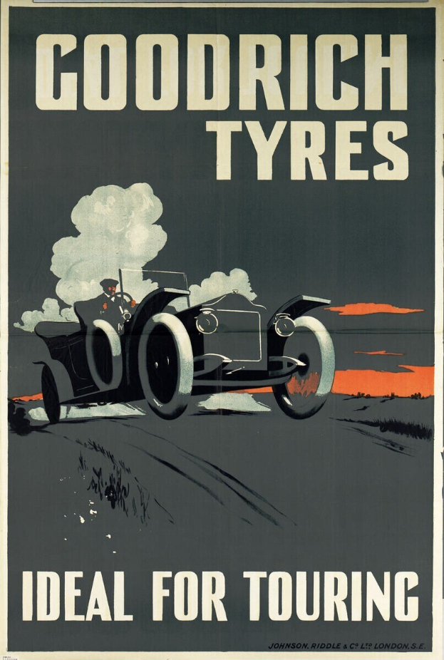 Plakatwerbung für Goodrich-Reifen mit einem Auto und einer Person darin, begleitet von Text über das Unternehmen und seine Dienstleistungen.