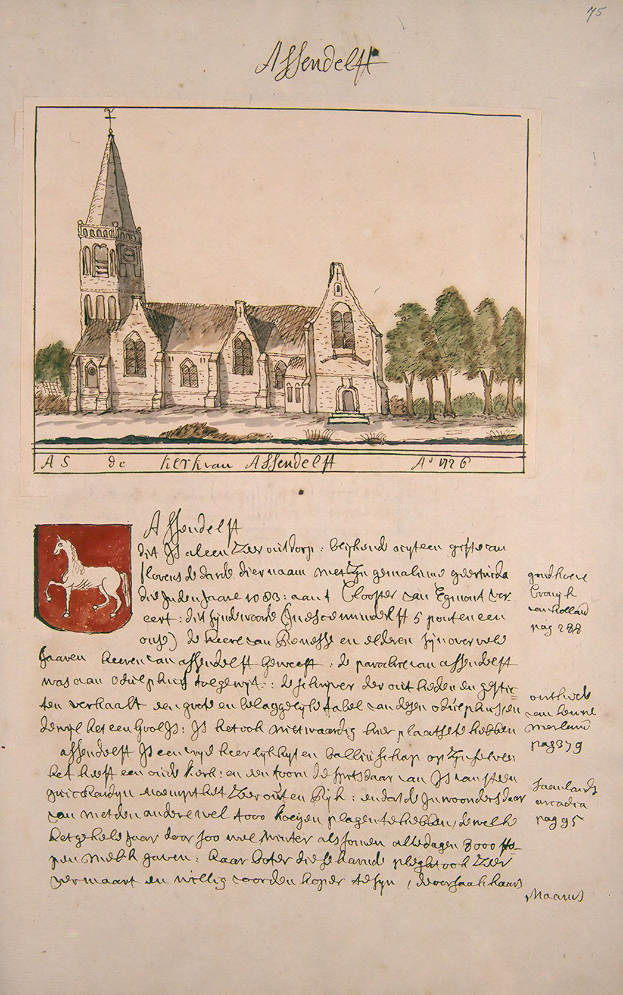 Ein altes Buch mit einer Zeichnung einer Kirche umgeben von Bäumen und einem Logo, mit dem Text "Alfred deff - Kirche der Heiligen Dreifaltigkeit".