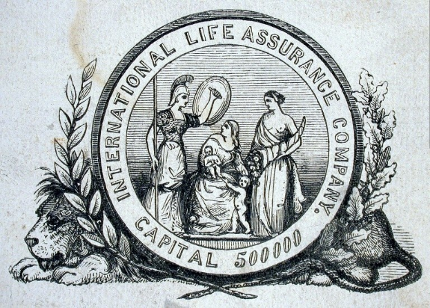 Schwarze und weiße Zeichnung des International Life Assurance Company-Logos auf Papier, das Menschen mit Gegenständen zeigt, umgeben von Blättern und Text.