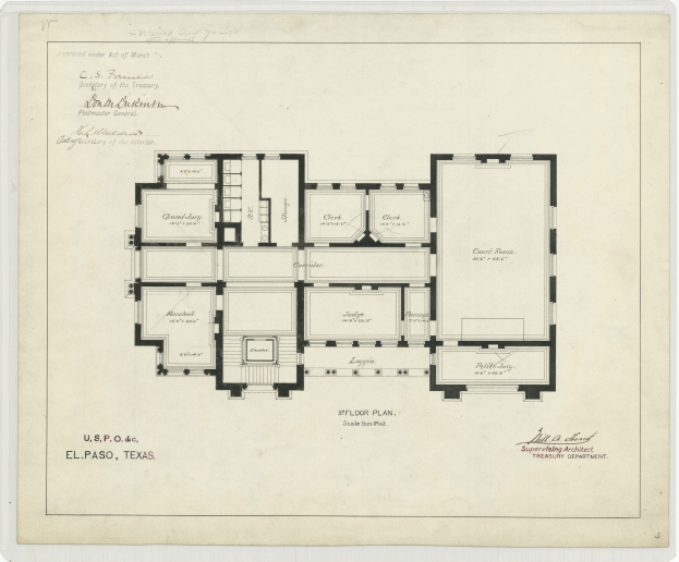 Schwarz-Weiß-Architektonischer Grundriss Des Ersten Stocks Des U.S. Capitol-Gebäudes In El Paso, Texas, Mit Handschriftlichen Anmerkungen Auf Altem Papier.