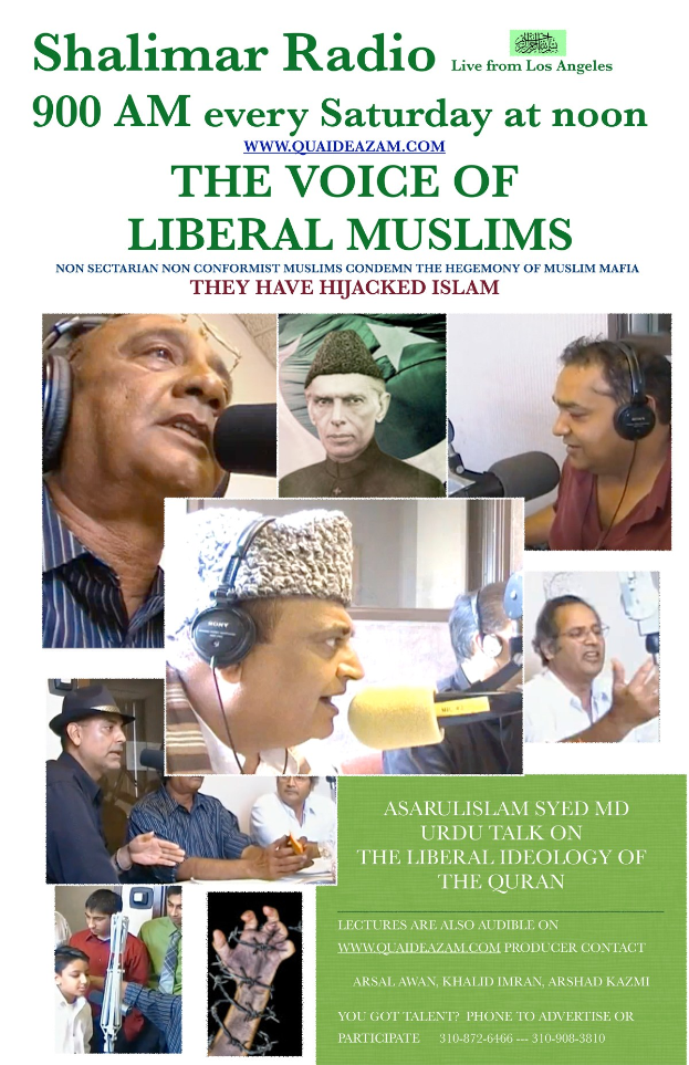 Plakat, das die Radioshow 'Die Stimme der liberalen Muslime' ankündigt, mit Bildern von Menschen mit Kopfhörern und Mikrofonen in einem Gespräch.