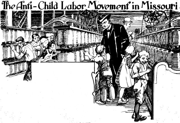 Plakat für die Anti-Kinderarbeit-Bewegung in Missouri, das eine Gruppe von Menschen in traditioneller Kleidung zeigt, einige stehend und einige sitzend, mit besorgten Gesichtern und dem Titeltext oben und unten.