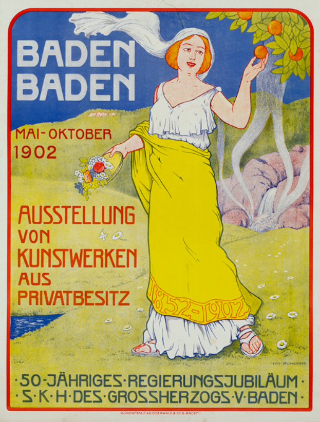 Ein Vintage-Plakat aus dem Jahr 1902, das ein Bierfest in Baden-Baden ankündigt und eine Frau in einem gelben Kleid zeigt, die neben einem Baum steht und ein Objekt hält, mit Festivaldetails im Text.